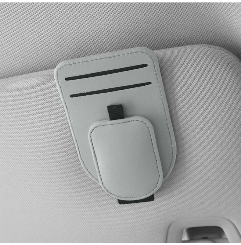 Grey Car Sun Visor Eyeglasses Holder Magnetic Glasses Clip with Card Storage Multifunction Auto Sunglasses Organizer PVC Leather Interior Accessory