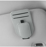 Grey Car Sun Visor Eyeglasses Holder Magnetic Glasses Clip with Card Storage Multifunction Auto Sunglasses Organizer PVC Leather Interior Accessory