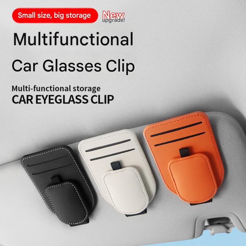 Grey Car Sun Visor Eyeglasses Holder Magnetic Glasses Clip with Card Storage Multifunction Auto Sunglasses Organizer PVC Leather Interior Accessory