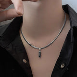 Black Zircon Bar Pendant Necklace 40cm+5cm for Men, Stainless Steel Cuban Chain Necklace, Minimalist Hip Hop Street Style Jewellery - Front View