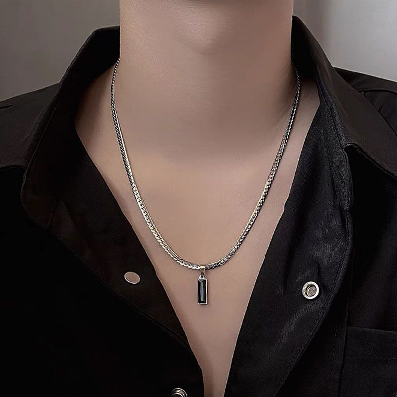 Black Zircon Bar Pendant Necklace 40cm+5cm for Men, Stainless Steel Cuban Chain Necklace, Minimalist Hip Hop Street Style Jewellery