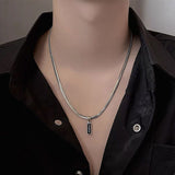Black Zircon Bar Pendant Necklace 45cm+5cm for Men, Stainless Steel Cuban Chain Necklace, Minimalist Hip Hop Street Style Jewellery - Side View