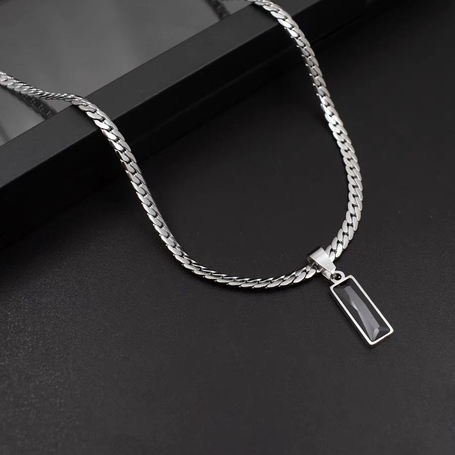Black Zircon Bar Pendant Necklace 45cm+5cm for Men, Stainless Steel Cuban Chain Necklace, Minimalist Hip Hop Street Style Jewellery