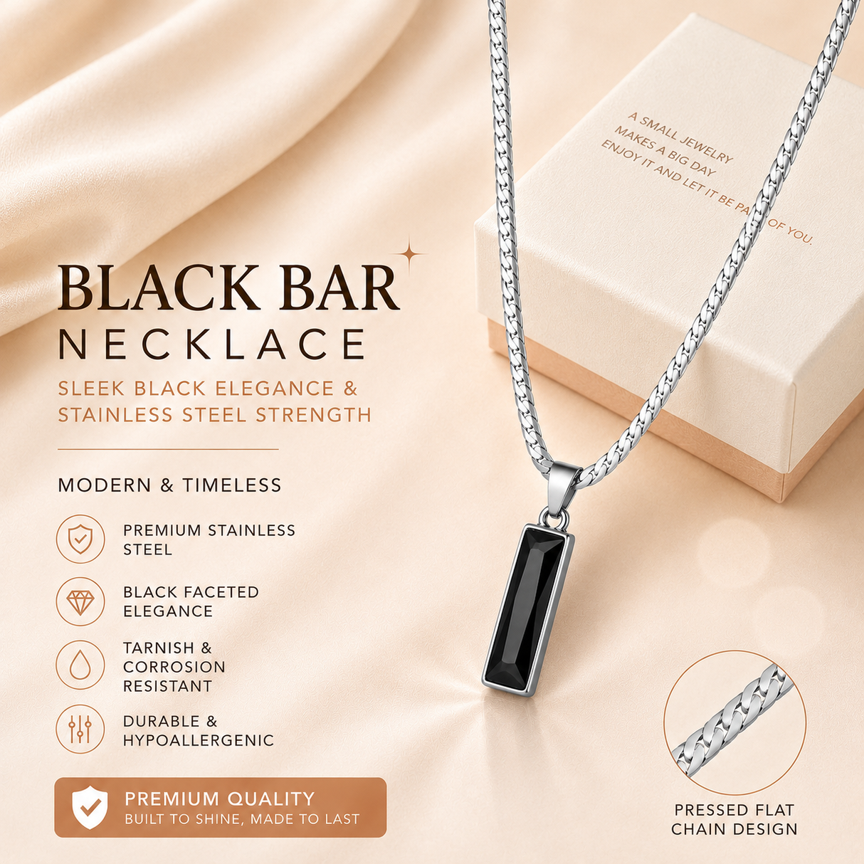 Black Zircon Bar Pendant Necklace 50cm+5cm for Men, Stainless Steel Cuban Chain Necklace, Minimalist Hip Hop Street Style Jewellery
