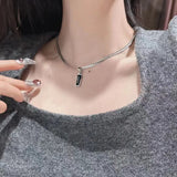 Black Zircon Bar Pendant Necklace 50cm+5cm for Men, Stainless Steel Cuban Chain Necklace, Minimalist Hip Hop Street Style Jewellery - Top-Down View