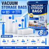 8-piece Vacuum Storage Bags Set(2 small, 2 medium, 2 large, 1 extra large, 1 hand pump)- Heavy Duty Space Saving Compression Bags for Clothes Quilts Bedding Moisture Proof Wardrobe Organisation Travel Storage Reusable Durable Seal