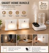 3PCS Smart Home Atmosphere Set – White USB Rechargeable Camera Humidifier & 2pcs White RGB Motion Sensor Wall Light, Magnetic Wireless Night Lamp with Remote Control for Bedroom, Living Room & Office