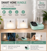 3PCS Smart Home Atmosphere Set – Green USB Rechargeable Camera Humidifier & 2pcs White RGB Motion Sensor Wall Light, Magnetic Wireless Night Lamp with Remote Control for Bedroom, Living Room & Office