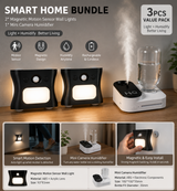 3PCS Smart Home Atmosphere Set – White USB Rechargeable Camera Humidifier & 2pcs Black RGB Motion Sensor Wall Light, Magnetic Wireless Night Lamp with Remote Control for Bedroom, Living Room & Office