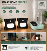 3PCS Smart Home Atmosphere Set – Green USB Rechargeable Camera Humidifier & 2pcs Black RGB Motion Sensor Wall Light, Magnetic Wireless Night Lamp with Remote Control for Bedroom, Living Room & Office