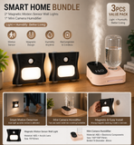 3PCS Smart Home Atmosphere Set – Pink USB Rechargeable Camera Humidifier & 2pcs Black RGB Motion Sensor Wall Light, Magnetic Wireless Night Lamp with Remote Control for Bedroom, Living Room & Office