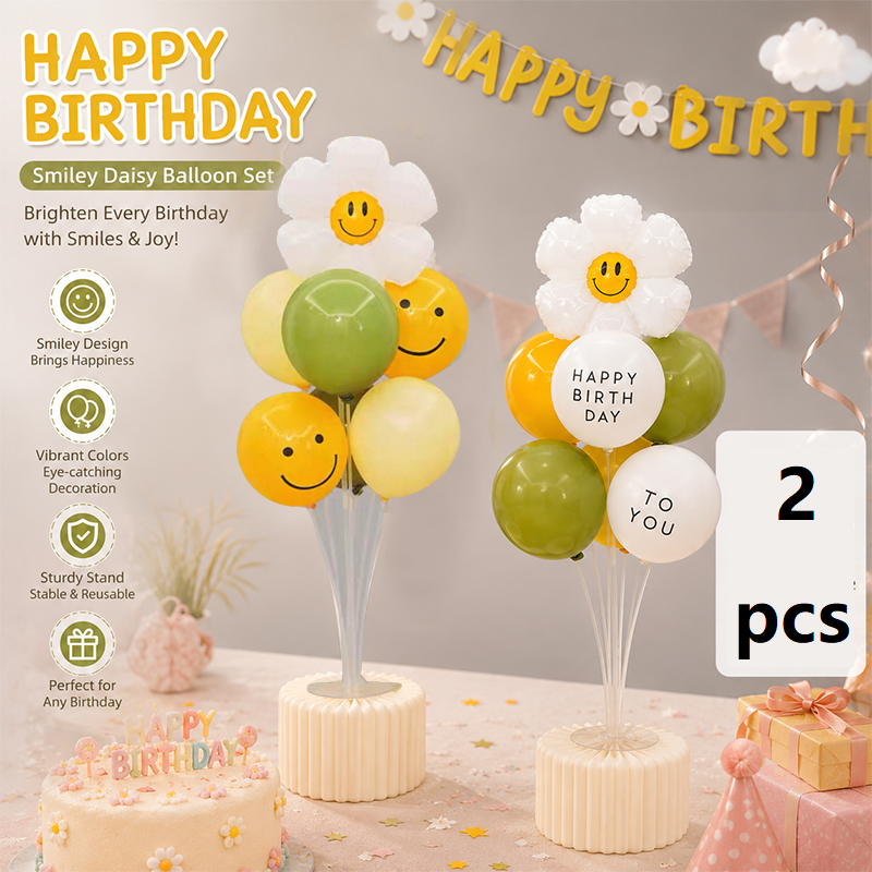 2 Pack Daisy Birthday Balloon Table Centerpiece Set（"Happy Birthday" letter style and pale yellow balloon style）, 10 Inch Latex Balloons with Smiley Flower Topper, Birthday Party Decoration for First Birthday & Celebration Events