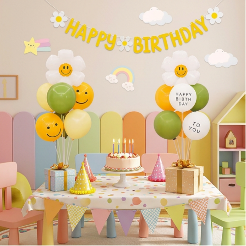 2 Pack Daisy Birthday Balloon Table Centerpiece Set（"Happy Birthday" letter style and pale yellow balloon style）, 10 Inch Latex Balloons with Smiley Flower Topper, Birthday Party Decoration for First Birthday & Celebration Events