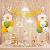 2 Pack Daisy Birthday Balloon Table Centerpiece Set（"Happy Birthday" letter style and pale yellow balloon style）, 10 Inch Latex Balloons with Smiley Flower Topper, Birthday Party Decoration for First Birthday & Celebration Events