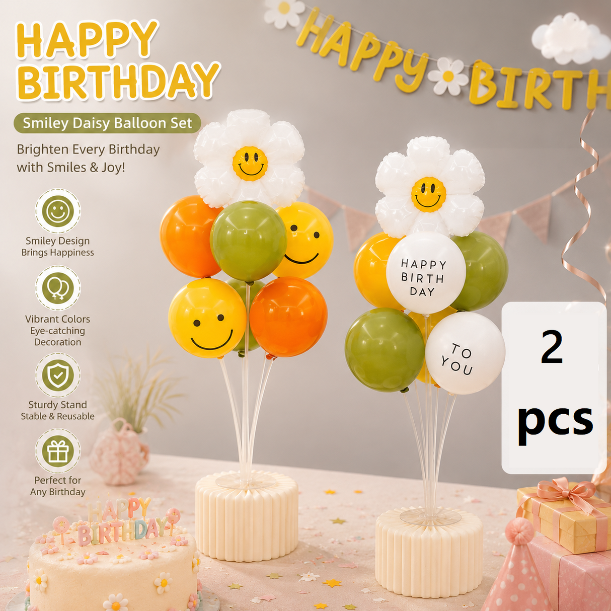 2 Pack Daisy Birthday Balloon Table Centerpiece Set（"Happy Birthday" letter style and pale Orange balloon style）, 10 Inch Latex Balloons with Smiley Flower Topper,  Birthday Party Decoration for First Birthday & Celebration Events