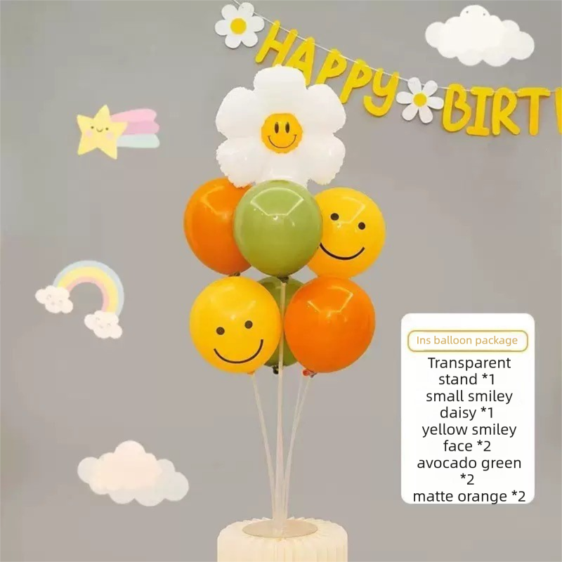 2 Pack Daisy Birthday Balloon Table Centerpiece Set（"Happy Birthday" letter style and pale Orange balloon style）, 10 Inch Latex Balloons with Smiley Flower Topper,  Birthday Party Decoration for First Birthday & Celebration Events