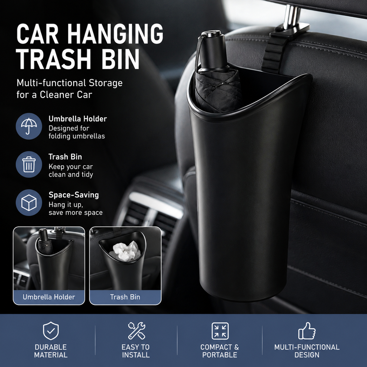 Car Umbrella Storage Bucket—a hanging storage container that is convenient to use; suitable for seatbacks or car doors, it is compact, practical, and doubles as a trash bin.