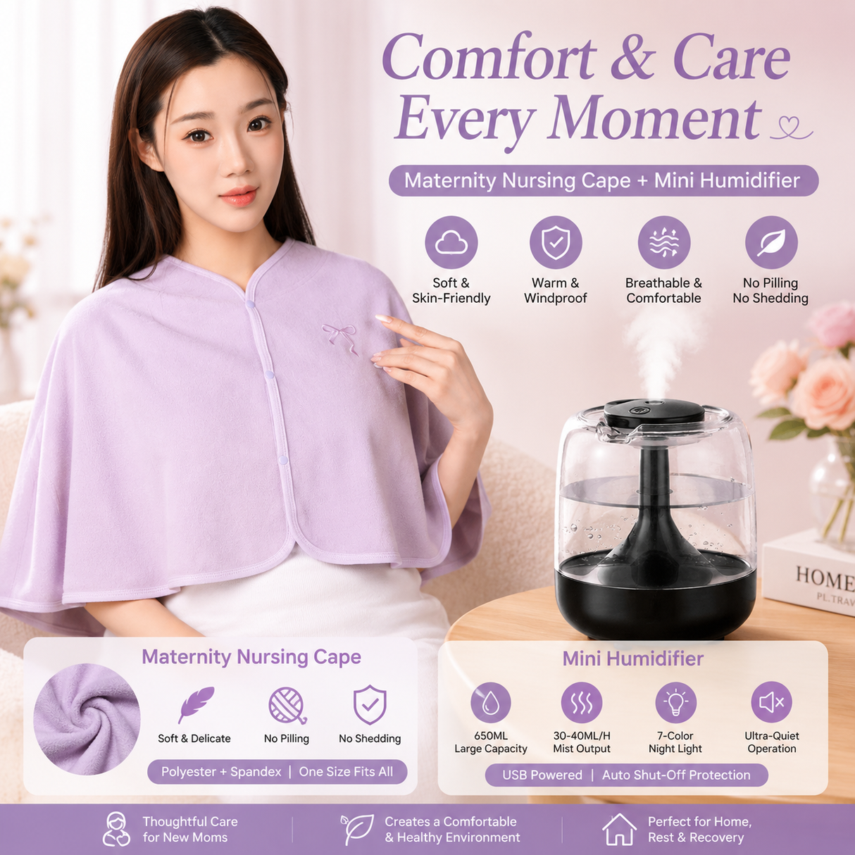2 pcs Relaxing Winter Set - Purple Nursing Cape and Black Mini Humidifier Soothing – Soft Postpartum Shawl & 650ml USB Air Humidifier for Home Comfort，Relax Self Care Present for Women