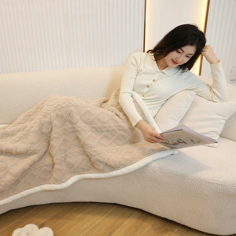 Khaki 90×140cm Textured bar knit pattern Sherpa Fleece and Taffeta Throw Blanket – Soft Loungewear Shawl, Warm Office & Sofa Wrap for Winter Comfort