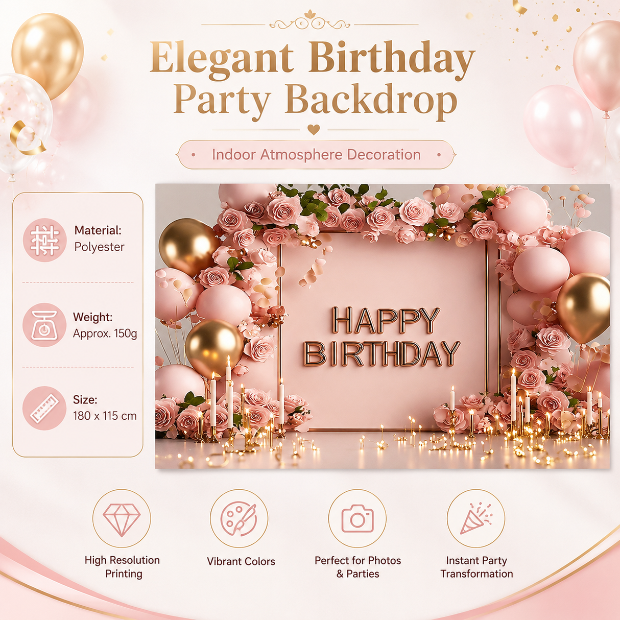 180×115cm Pink Printed Floral, balloon, and candle patterns Happy Birthday Backdrop – Premium Indoor Party Decoration Polyester Wall Banner