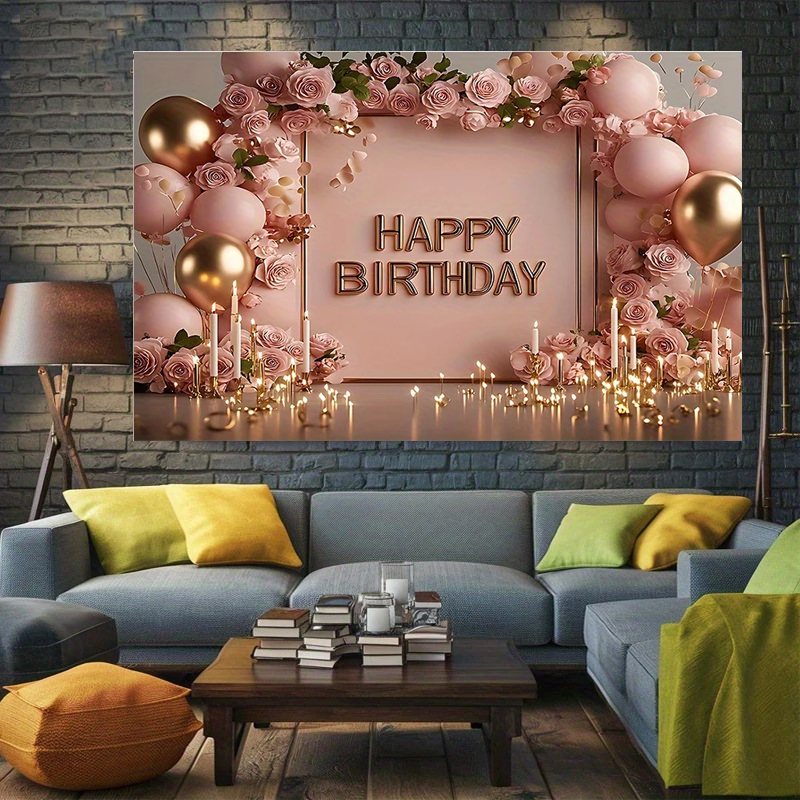 180×115cm Pink Printed Floral, balloon, and candle patterns Happy Birthday Backdrop – Premium Indoor Party Decoration Polyester Wall Banner