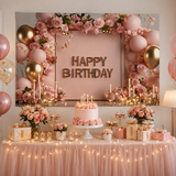 180×115cm Pink Printed Floral, balloon, and candle patterns Happy Birthday Backdrop – Premium Indoor Party Decoration Polyester Wall Banner