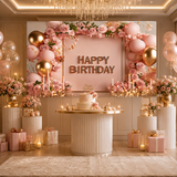 180×115cm Pink Printed Floral, balloon, and candle patterns Happy Birthday Backdrop – Premium Indoor Party Decoration Polyester Wall Banner - Top-Down View