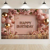180×115cm Pink Printed Floral, balloon, and candle patterns Happy Birthday Backdrop – Premium Indoor Party Decoration Polyester Wall Banner