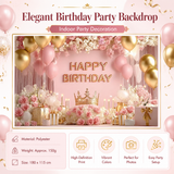 180×115cm Pink Printed with a pattern of flowers, balloons, and a crown Happy Birthday Backdrop – Premium Indoor Party Decoration Polyester Wall Banner