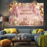 180×115cm Pink Printed with a pattern of flowers, balloons, and a crown Happy Birthday Backdrop – Premium Indoor Party Decoration Polyester Wall Banner