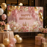 180×115cm Pink Printed with a pattern of flowers, balloons, and a crown Happy Birthday Backdrop – Premium Indoor Party Decoration Polyester Wall Banner - Side View