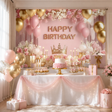 180×115cm Pink Printed with a pattern of flowers, balloons, and a crown Happy Birthday Backdrop – Premium Indoor Party Decoration Polyester Wall Banner - Top-Down View