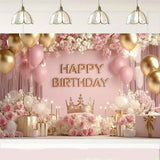 180×115cm Pink Printed with a pattern of flowers, balloons, and a crown Happy Birthday Backdrop – Premium Indoor Party Decoration Polyester Wall Banner - 45-Degree Angle