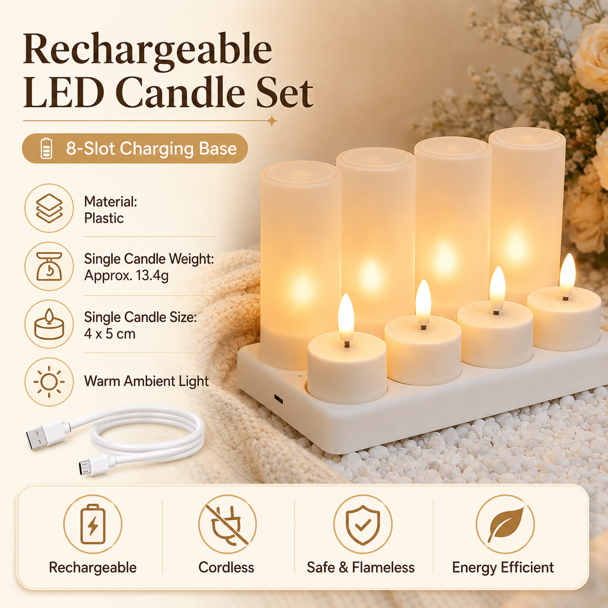 LED Rechargeable Flameless Candle Night Light Set (8 Units, with Lampshade)– USB Charging Decorative Tea Light Ambient Lighting for Christmas & Home Decor