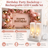 Birthday Party Backdrop and Rechargeable LED Candle Set - 180x115 cm Printed Floral, balloon, and candle patterns 