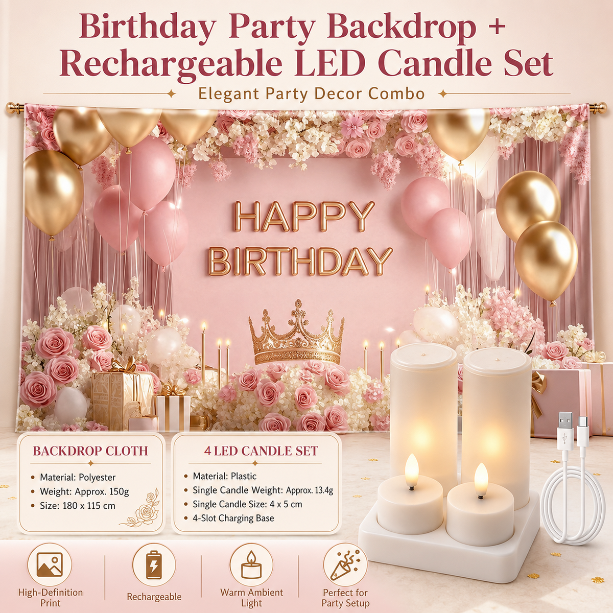 Birthday Party Backdrop and Rechargeable LED Candle Set - 180x115 cm Printed with a pattern of flowers, balloons, and a crown "Happy Birthday" polyester banner, includes 4 LED candles for Indoor Celebration Decor