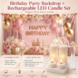 Birthday Party Backdrop and Rechargeable LED Candle Set - 180x115 cm Printed with a pattern of flowers, balloons, and a crown 