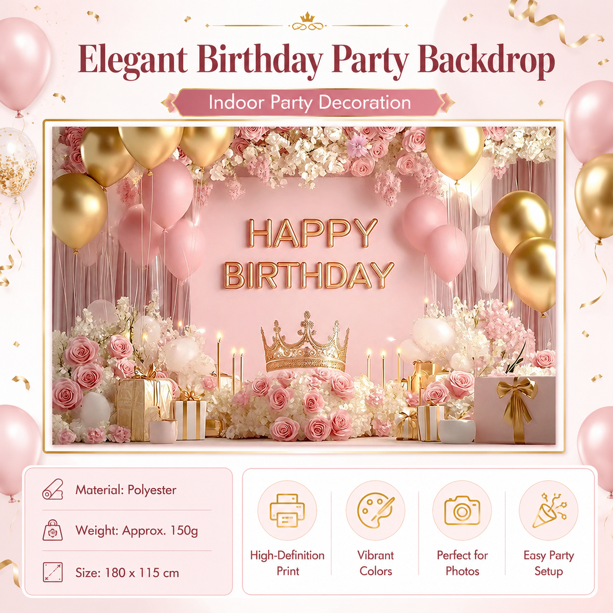 Birthday Party Backdrop and Rechargeable LED Candle Set - 180x115 cm Printed with a pattern of flowers, balloons, and a crown "Happy Birthday" polyester banner, includes 4 LED candles for Indoor Celebration Decor