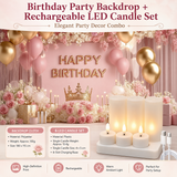 Birthday Party Backdrop and Rechargeable LED Candle Set - 180x115 cm Printed with a pattern of flowers, balloons, and a crown 