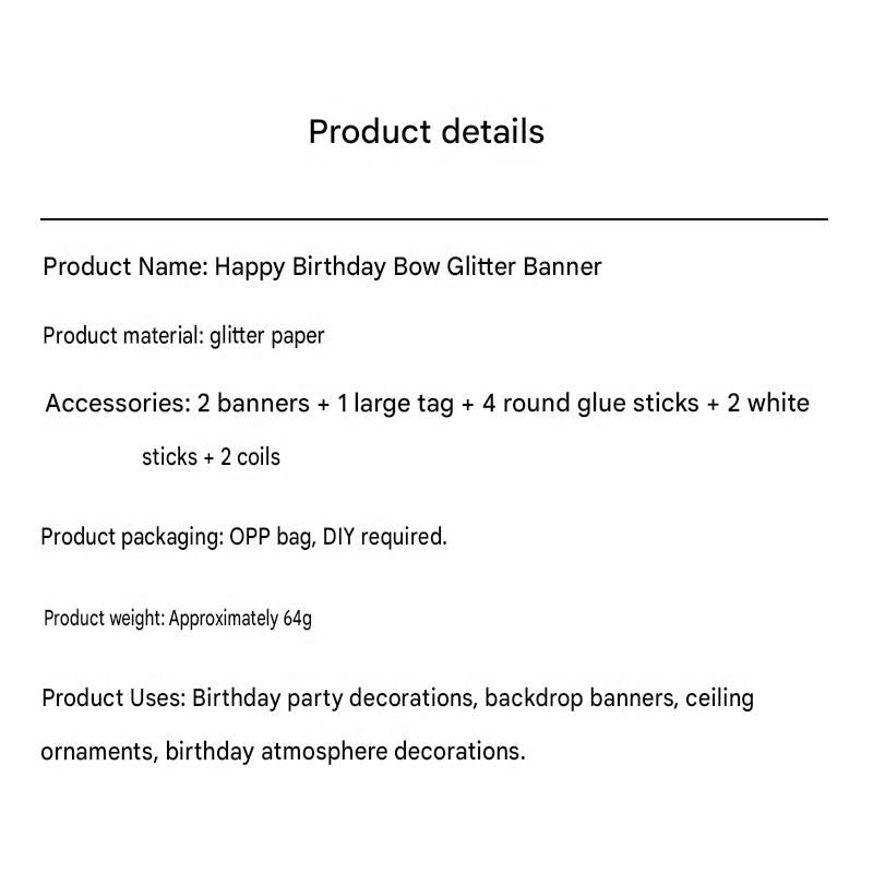 Golden Glitter Happy Birthday Banner and Cake Topper Set - Bow Decoration Birthday Party , Hanging Bunting with Sticks and Tape for Home Celebration