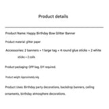 Pink Glitter Happy Birthday Banner and Cake Topper Set - Bow Decoration Birthday Party , Hanging Bunting with Sticks and Tape for Home Celebration