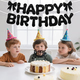 Pink Glitter Happy Birthday Banner and Cake Topper Set - Bow Decoration Birthday Party , Hanging Bunting with Sticks and Tape for Home Celebration - Rear View