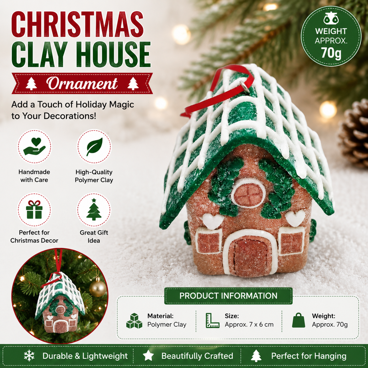 Green Eaves Style Gingerbread House Christmas Tree Ornament - Made of polymer clay with snowflake details, perfect for Christmas decorations, suitable for home and window displays