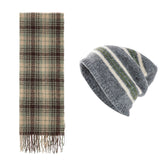 Striped Wool-Blend Beanie & Plaid Fringed Scarf Set — Soft Knit Hat (36 x 26 cm) and Oversized Shawl (200 x 65 cm); A Must-Have for Christmas and Cold Weather