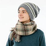 Striped Wool-Blend Beanie & Plaid Fringed Scarf Set — Soft Knit Hat (36 x 26 cm) and Oversized Shawl (200 x 65 cm); A Must-Have for Christmas and Cold Weather