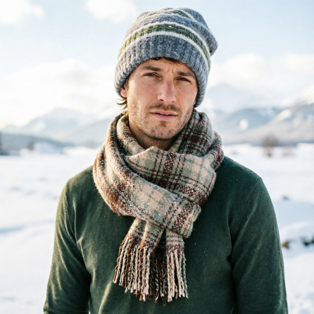 Striped Wool-Blend Beanie & Plaid Fringed Scarf Set — Soft Knit Hat (36 x 26 cm) and Oversized Shawl (200 x 65 cm); A Must-Have for Christmas and Cold Weather
