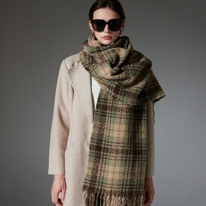 Striped Wool-Blend Beanie & Plaid Fringed Scarf Set — Soft Knit Hat (36 x 26 cm) and Oversized Shawl (200 x 65 cm); A Must-Have for Christmas and Cold Weather