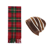 Brown + Red Striped Wool-Blend Beanie & Plaid Fringed Scarf Set — Soft Knit Hat (36 x 26 cm) and Oversized Shawl (200 x 65 cm); A Must-Have for Christmas and Cold Weather