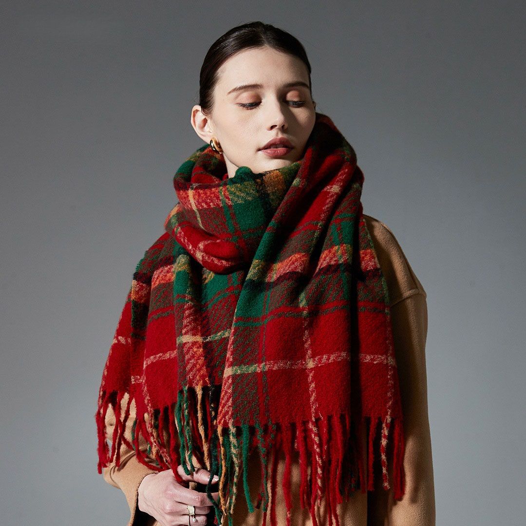 Brown + Red Striped Wool-Blend Beanie & Plaid Fringed Scarf Set — Soft Knit Hat (36 x 26 cm) and Oversized Shawl (200 x 65 cm); A Must-Have for Christmas and Cold Weather