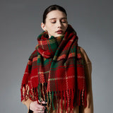Brown + Red Striped Wool-Blend Beanie & Plaid Fringed Scarf Set — Soft Knit Hat (36 x 26 cm) and Oversized Shawl (200 x 65 cm); A Must-Have for Christmas and Cold Weather - Front View